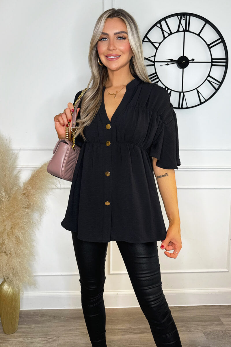 Black Button Up Ruched Detail Smock V-Neck Top