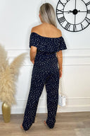 Navy Polka Dot Bardot Jumpsuit