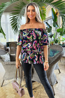 Multi Print Bardot Frill Sleeve Top