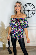 Multi Print Bardot Frill Sleeve Top