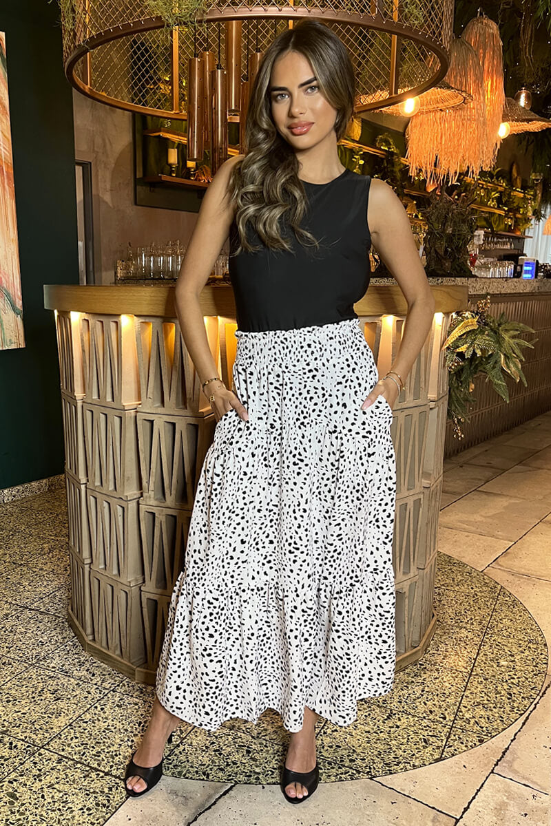 Black And White Animal Print Shirred Waist Maxi Skirt