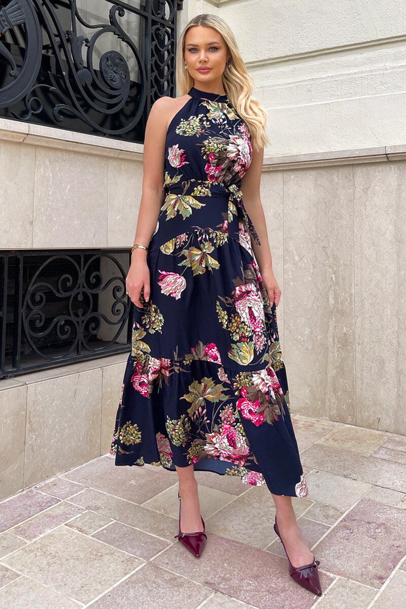 Navy Floral Printed High Neck Tie Belt Midi Dress