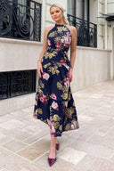 Navy Floral Printed High Neck Tie Belt Midi Dress