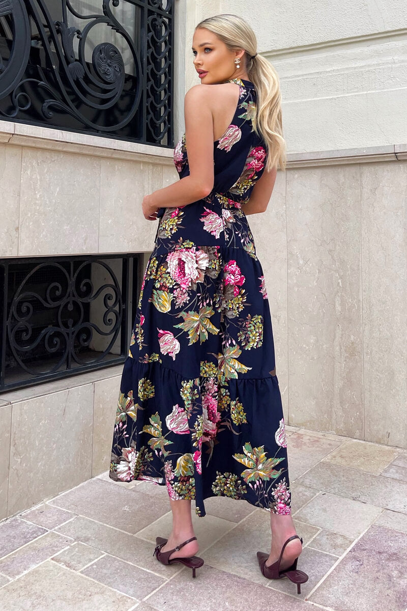 Navy Floral Printed High Neck Tie Belt Midi Dress