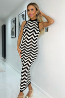 Black And White Zig Zag Sleeveless Crochet Midi Dress