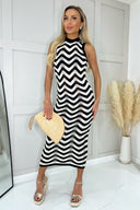 Black And White Zig Zag Sleeveless Crochet Midi Dress