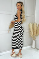 Black And White Zig Zag Sleeveless Crochet Midi Dress