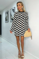 Black And White Zig Zag Long Sleeve Crochet Mini Dress