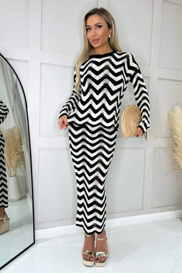 Black And White Zig Zag Long Sleeve Crochet Top