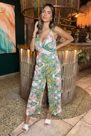 Green Paisley Multi Print V Neck Jumpsuit