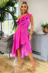 Hot Pink Printed One Shoulder Frill Detail Dipped Hem Dress