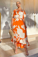 Blood Orange Printed Bardot Style Midi Dress