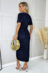 Navy Short Sleeve Plisse Wrap Midi Dress