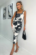 Black and White Floral Print Square Neck Sleeveless Bodycon Midi Dress