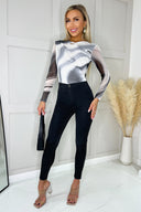 Black and White Wave Print Mesh Long Sleeve Bodysuit