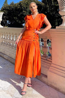 Orange Frill Shoulder Button Front Midi Dress