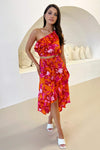 Pink And Orange Floral One Shoulder Frill Detail Top