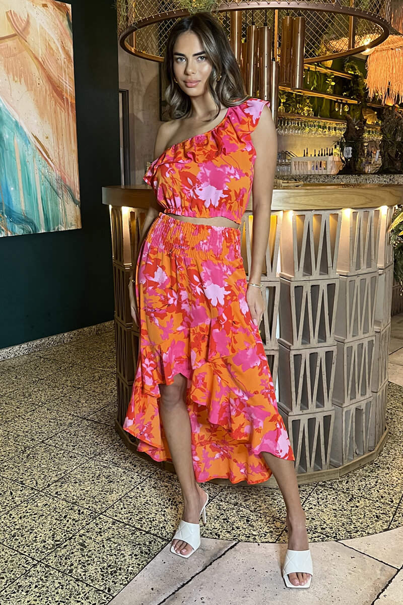 Pink And Orange Floral One Shoulder Frill Detail Top