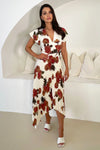 Cream Floral Print Wrap Top Asymmetrical Hem Pleated Midi Dress