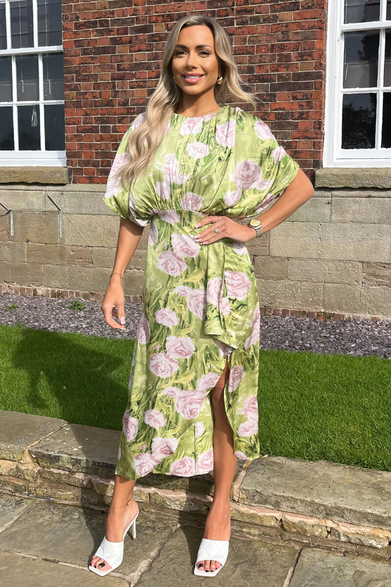 Green Floral Satin Batwing Top Wrap Skirt Midi Dress – AX Paris US