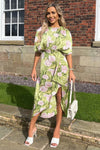 Green Floral Satin Batwing Top Wrap Skirt Midi Dress