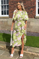 Green Floral Satin Batwing Top Wrap Skirt Midi Dress