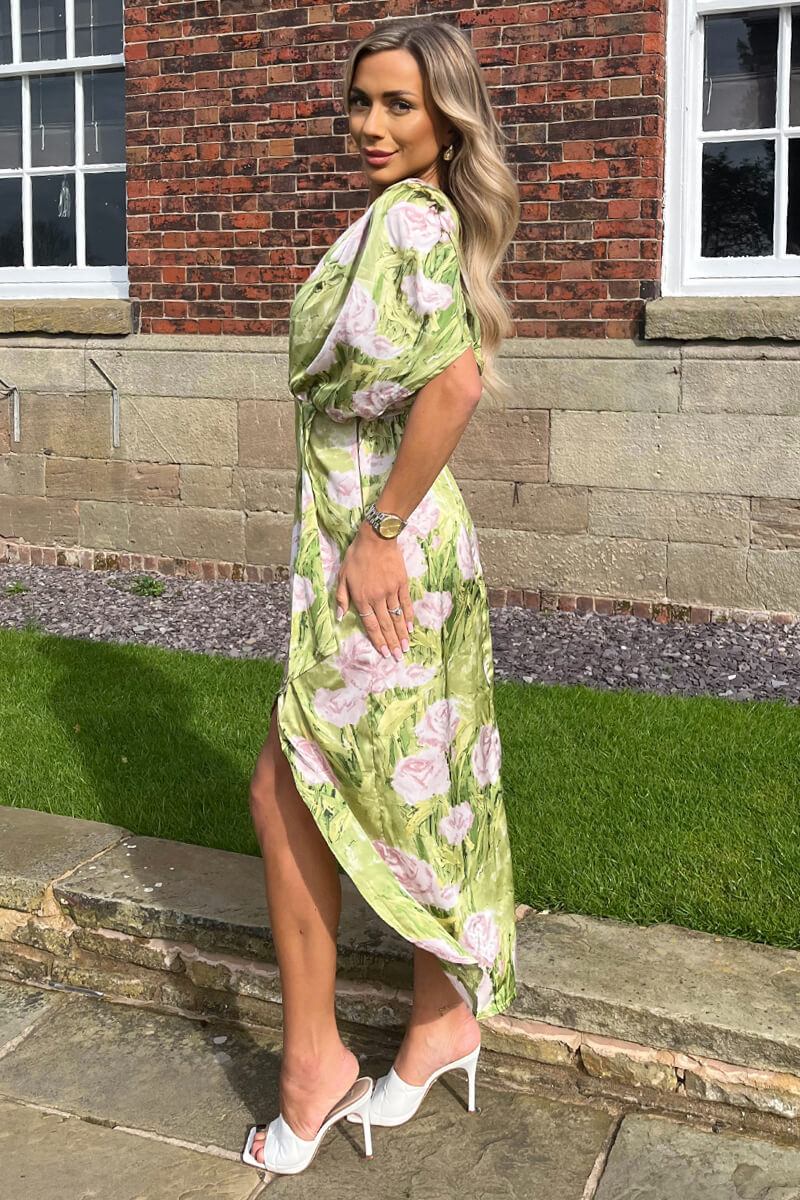 Green Floral Satin Batwing Top Wrap Skirt Midi Dress