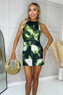 Khaki Tie Dye Round Neck Belted Skort Cargo Playsuit