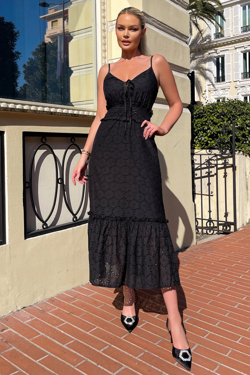 Black Broderie Frill Hem Midi Dress