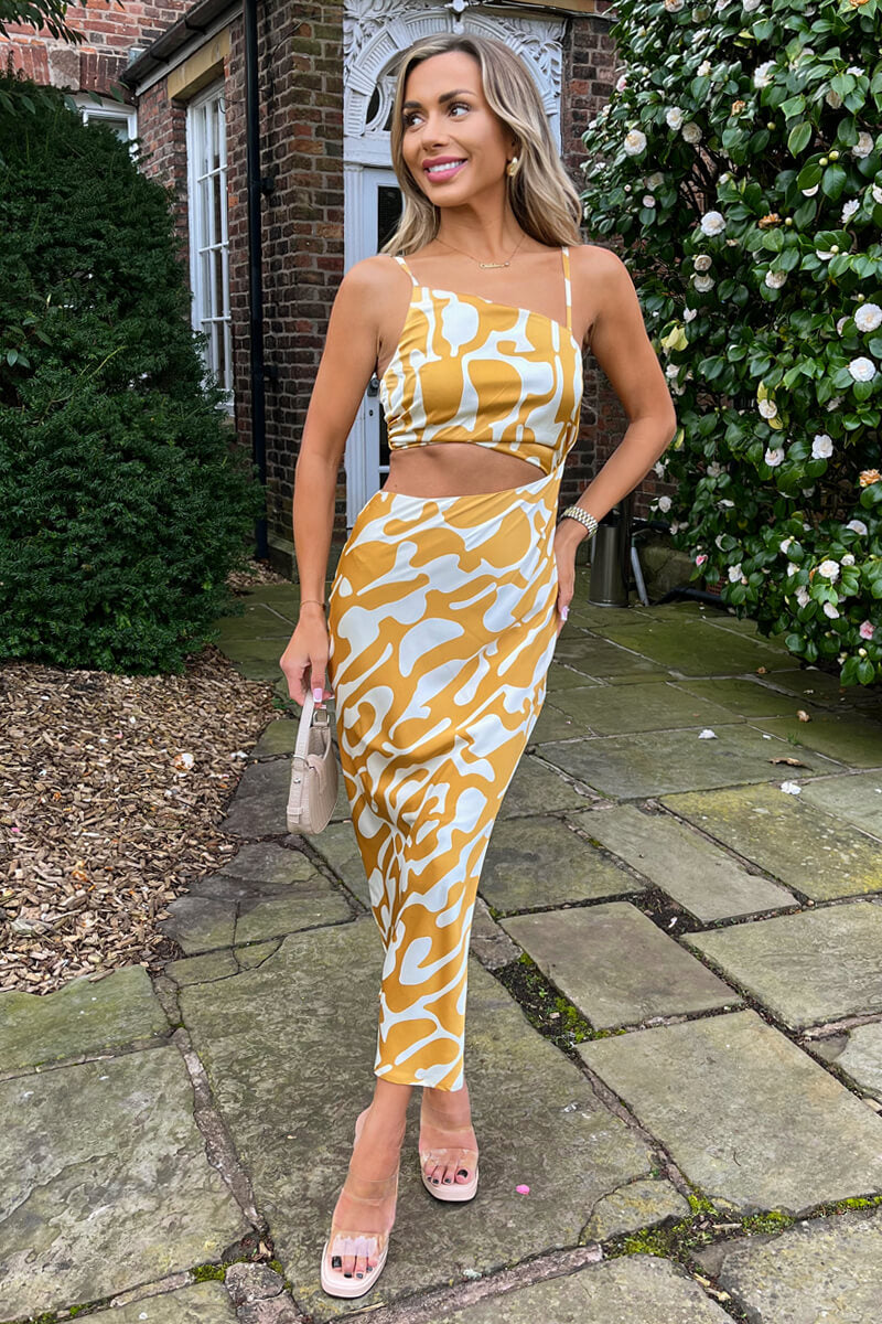 Mustard Abstract Print Asymmetric Cut Out Midi Dress