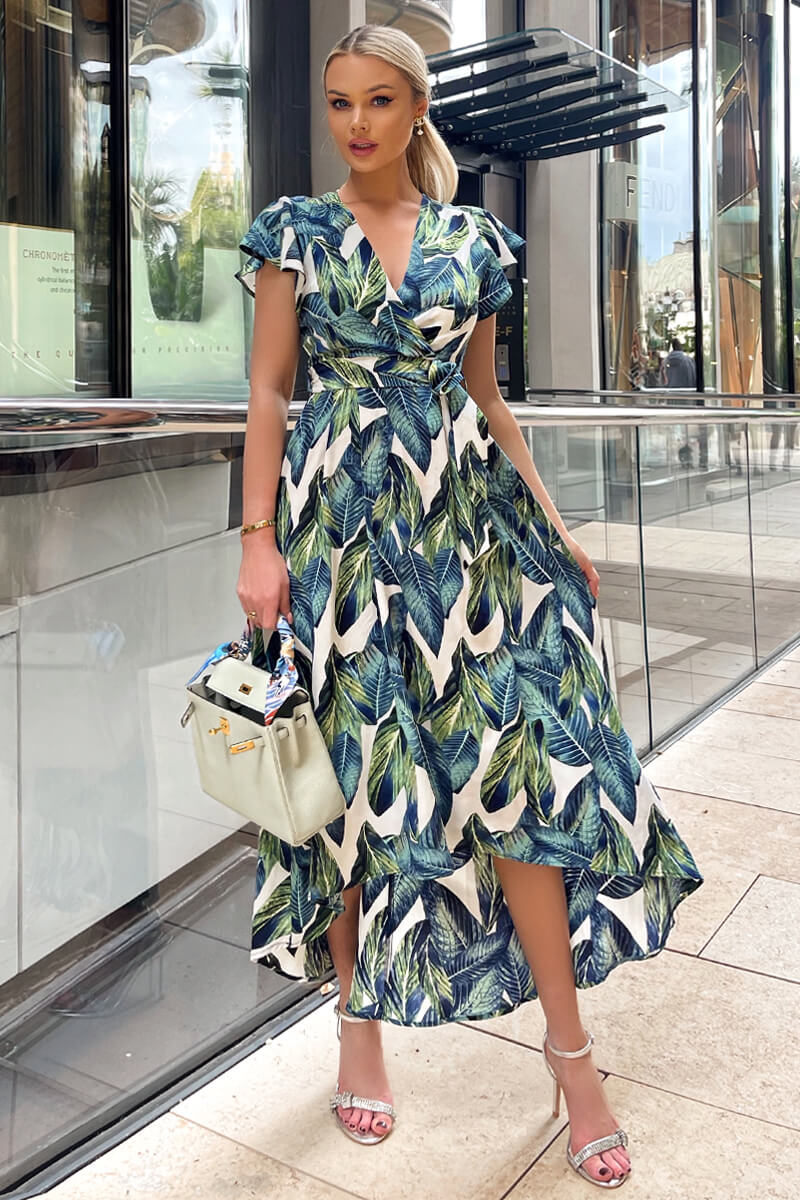 Blue Leaf Print Short Sleeve Belted Wrap Midi Dress – AX Paris US