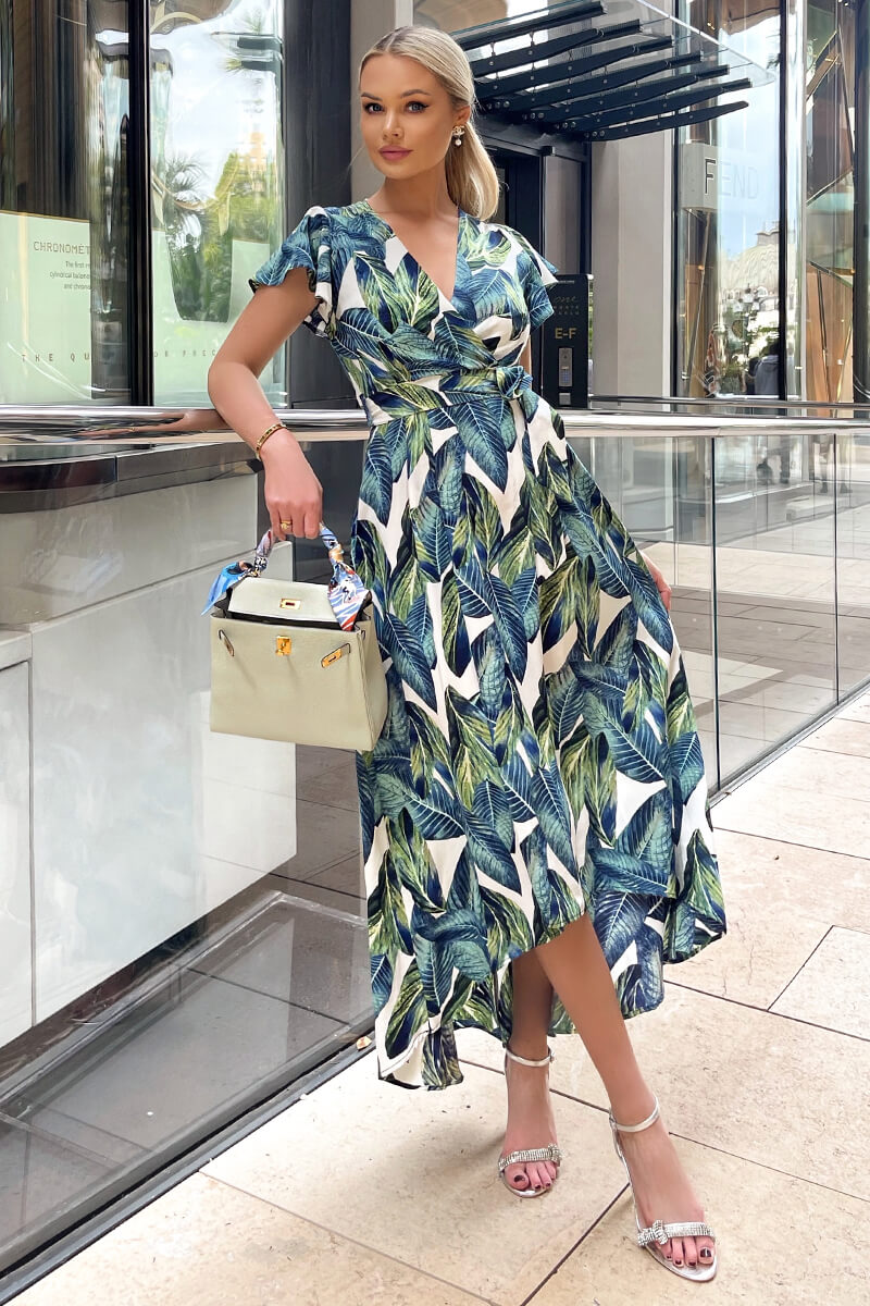 Blue Leaf Print Short Sleeve Belted Wrap Midi Dress