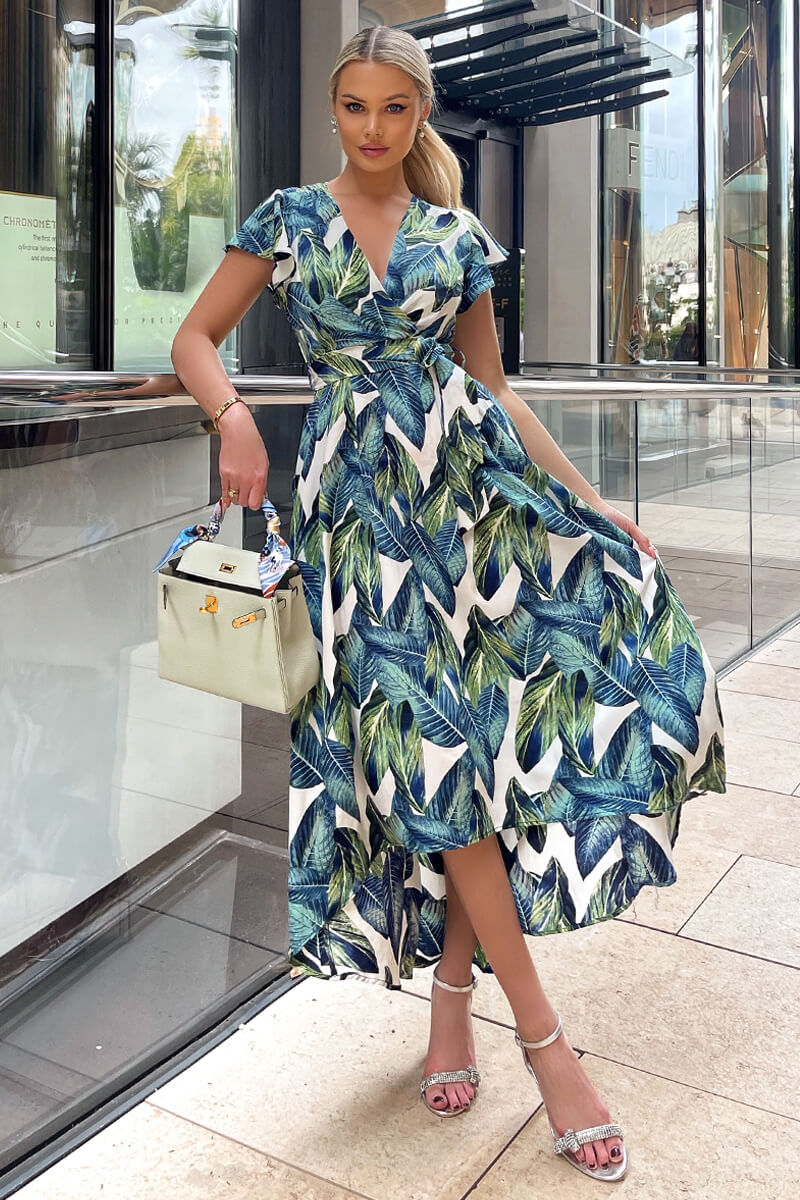 Blue Leaf Print Short Sleeve Belted Wrap Midi Dress