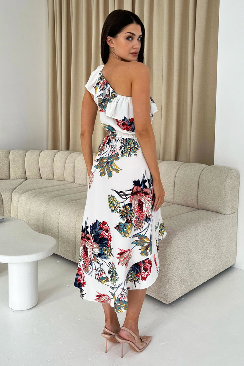 Cream Floral One Shoulder Frill Detail Dipped Hem Dress