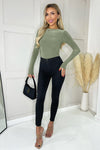 Khaki Round Neck Long Sleeve Slinky Bodysuit