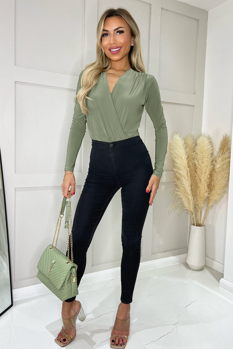 Khaki Wrap Top Long Sleeve Slinky Bodysuit