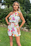 Cream Floral Printed One Shoulder Tie Waist Playsuit