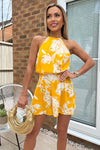 Yellow Floral Printed High Neck Playsuit