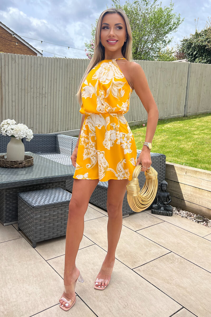 Yellow Floral Printed High Neck Playsuit