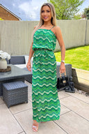 Green Abstract Printed Tie Waist Strappy Midi Dress