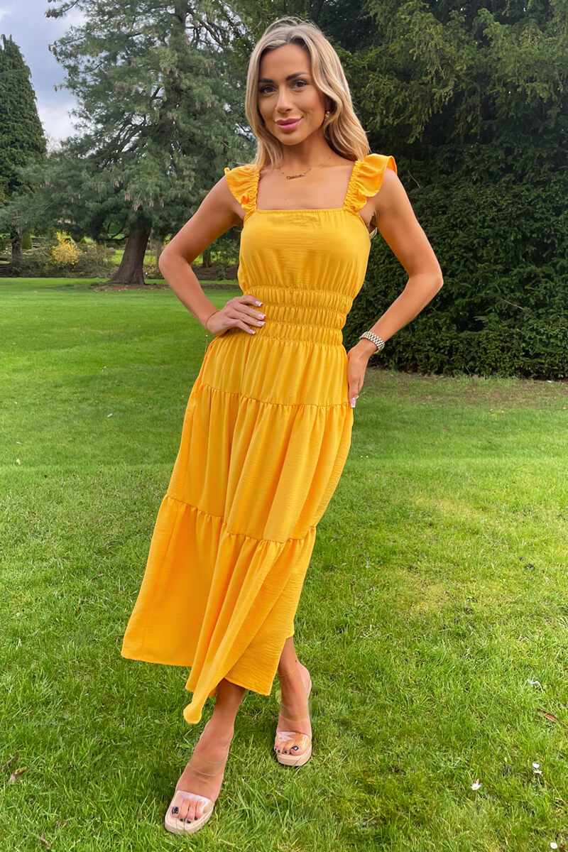 Yellow Frill Strap Tiered Midi Dress