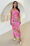 Pink Tropical Print  Cowl Neck Ruched Side Strappy Midi Dress