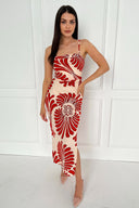 Burnt Orange Abstract Print Cowl Neck Ruched Side Strappy Midi Dress
