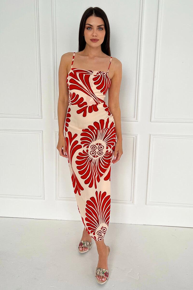 Burnt Orange Abstract Print Cowl Neck Ruched Side Strappy Midi Dress