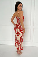 Burnt Orange Abstract Print Cowl Neck Ruched Side Strappy Midi Dress