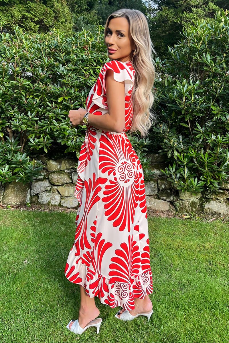 Burnt Orange Abstract Print Wrap Over High Low Frill Hem Midi Dress