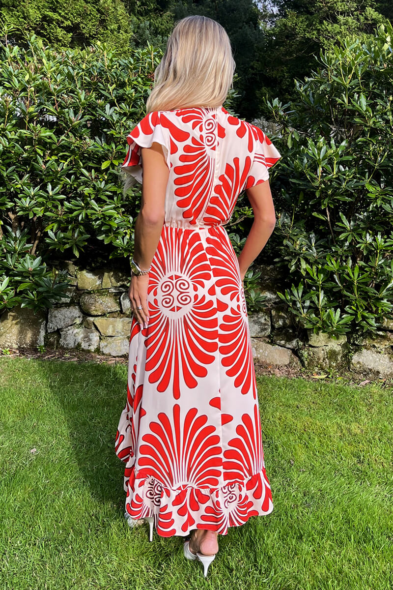 Burnt Orange Abstract Print Wrap Over High Low Frill Hem Midi Dress