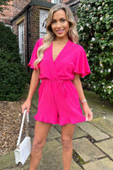 Pink Butterfly Sleeve Wrap Top Tie Waist Playsuit