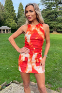 Orange Tie Dye Round Neck Belted Skort Cargo Playsuit