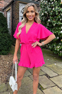 Pink Butterfly Sleeve Wrap Top Tie Waist Playsuit